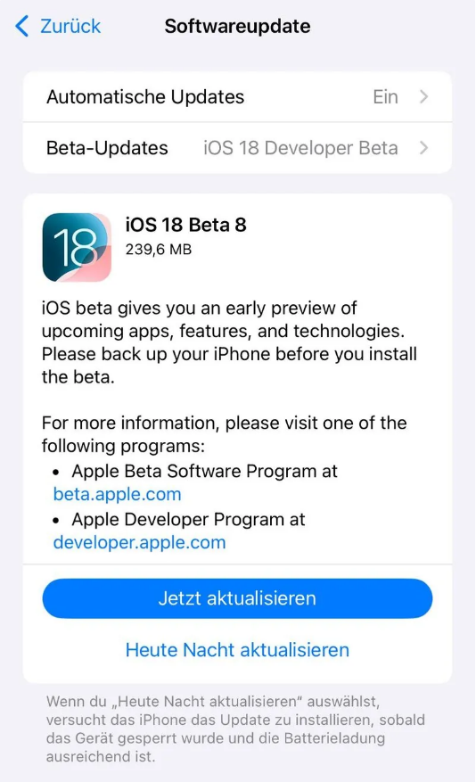 昭通苹果手机维修分享苹果 iOS / iPadOS 18 开发者预览版 Beta 8 发布 